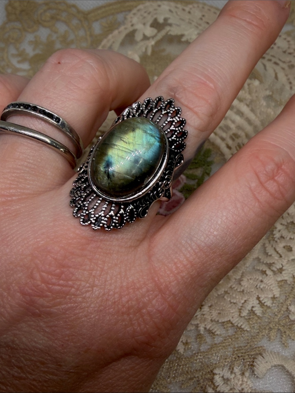 Genuine Green/Blue Flash Labradorite Adjustable Stainless Steel Ring